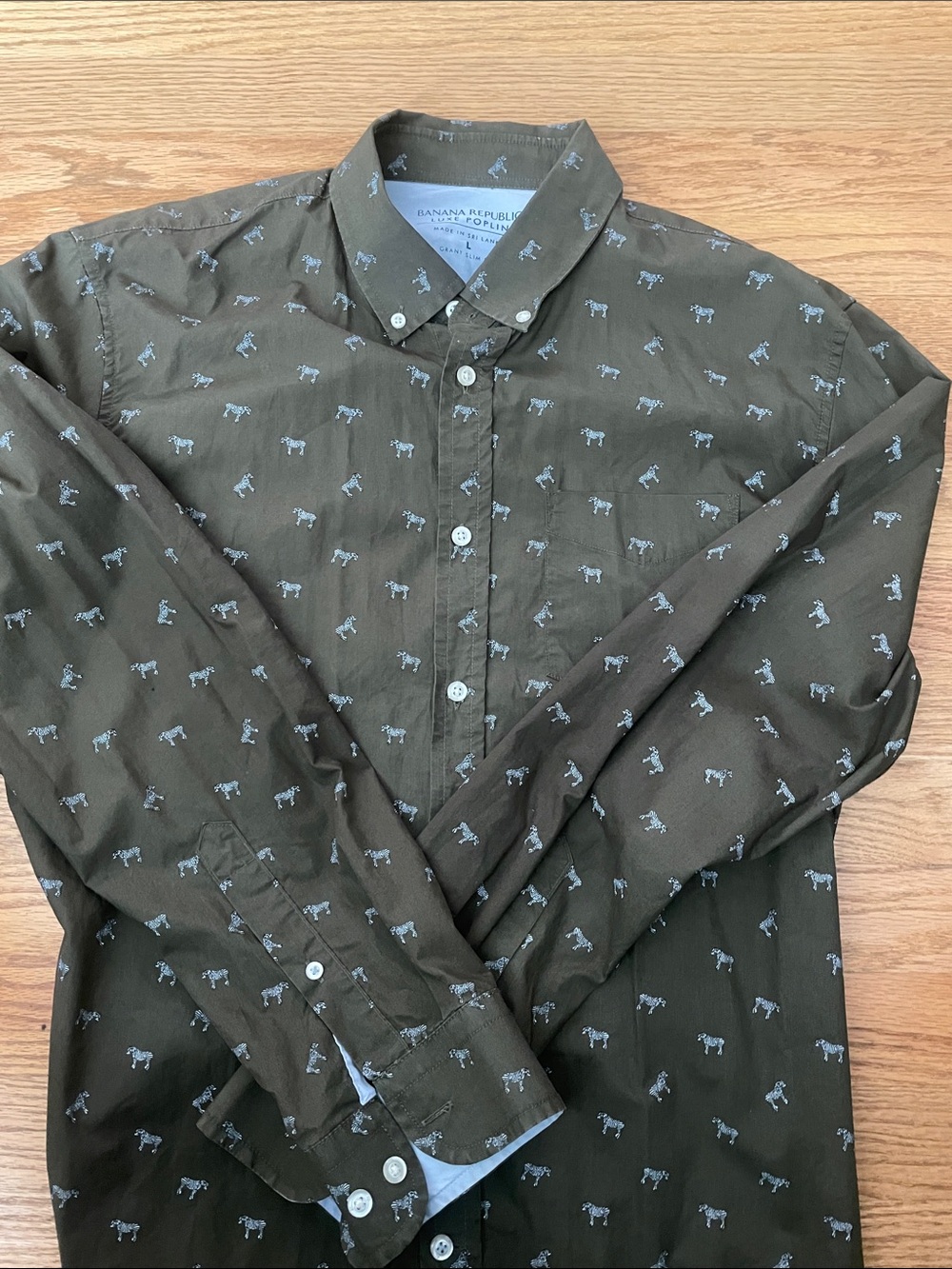 Banana Republic Olive Green Button-Down Shirt with Tiny Animal Print